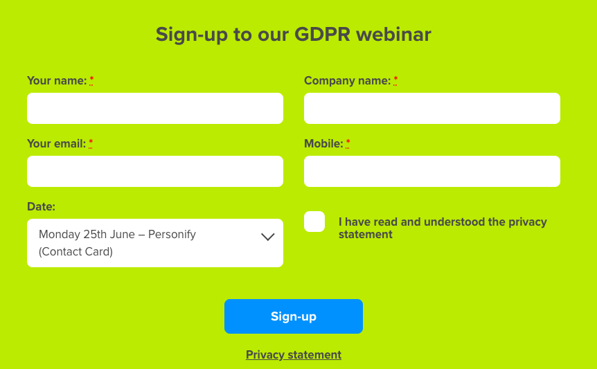 Event sign up web form